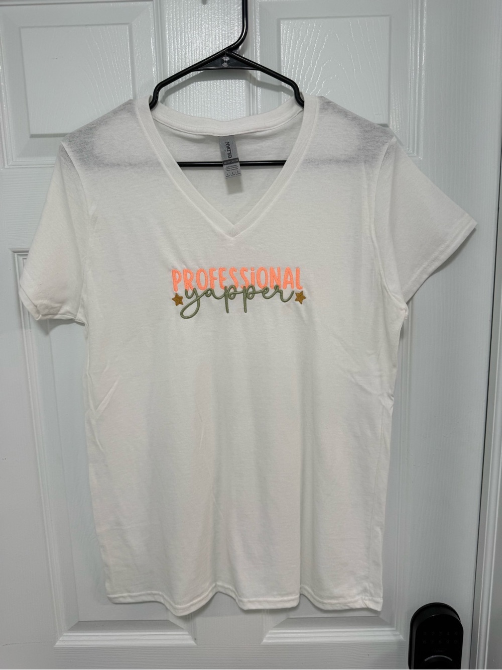 Gildan White V-Neck Tee with Coral, Olive & Gold 'Professional Yapper'